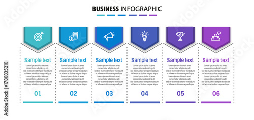 Business vector infographic design template with icons and 6 options or steps. Can be used for process diagram, presentations, workflow layout, banner, flow chart