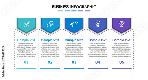 Business vector infographic template with 5 options or steps. Can be used for workflow layout, diagram, annual report, web design	
