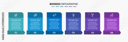 Business vector infographic design template with icons and 6 options or steps. Can be used for process diagram, presentations, workflow layout, banner, flow chart