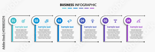 Business vector infographic design template with icons and 6 options or steps. Can be used for process diagram, presentations, workflow layout, banner, flow chart