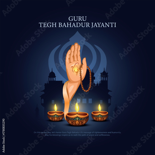 Guru Tegh Bahadur Jayanti Sikh Religious Celebration with Guru Blessing Hand vector Illustration.