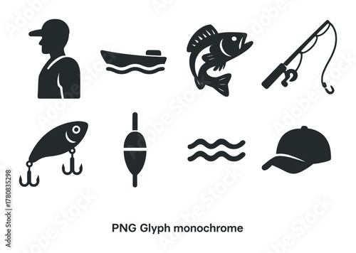 Monochrome fishing icons: silhouette of fisherman, boat, fish, and fishing gear