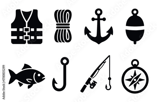 Nautical icons: life jacket, rope, anchor, buoy, fish, hook, fishing rod, compass