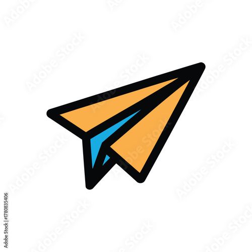 Isolated paper plane with orange wings and a blue tip on transparent background
