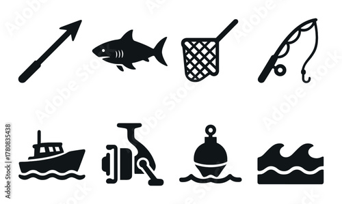 Fishing icons: spear, shark, net, hook, boat, reel, buoy, waves