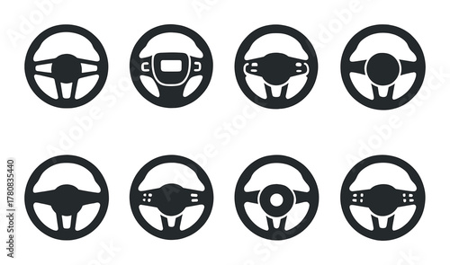 Collection of eight steering wheel designs on gradient background