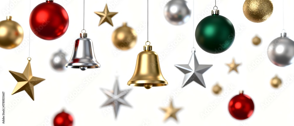 Fototapeta premium Vibrant assortment of hanging Christmas ornaments including red, gold, silver, and green baubles, stars, and bells against a clean white background, perfect for holiday designs.