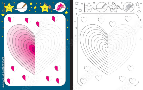 Preschool worksheet for practicing fine motor skills - tracing dashed lines - finish the illustration of pink heart