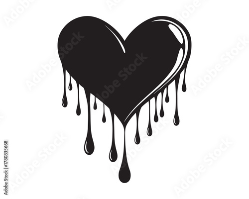 A stylized black heart silhouette with liquid dripping from its lower edges, resembling paint or tears