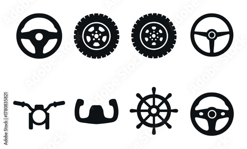 Variety of steering wheels and tire designs on black background