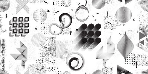 Glitch distorted grungy abstract forms . Halftone dots seamless pattern texture. Grange shapes .Grunge textured . Vector shapes with half tone dots .Screen print endless pattern texture