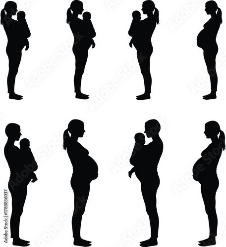 Pregnancy, Motherhood, Woman, Silhouette, Vector, Female, Profile, Baby, Child, Parent, Family, Black, White, Outline, Illustration