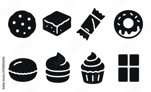 Variety of sweet treats icons including cookies, donuts, and cupcakes