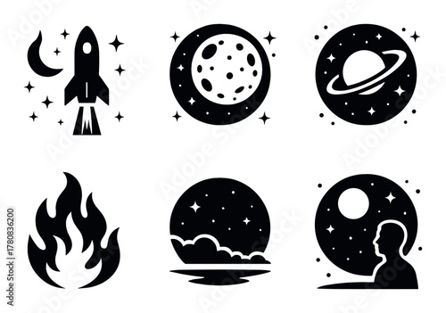 Minimalist space icons with rocket moon saturn planet fire and landscape