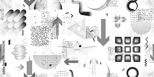 Glitch distorted grungy abstract forms . Halftone dots seamless pattern texture. Grange shapes .Grunge textured . Vector shapes with half tone dots .Screen print endless pattern texture