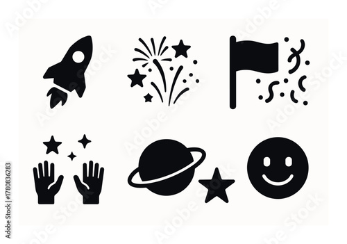 Minimal black icons of rocket, fireworks, flag, hands, planet, smile