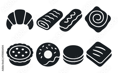 Variety of bakery silhouettes featuring pastries and desserts on dark background