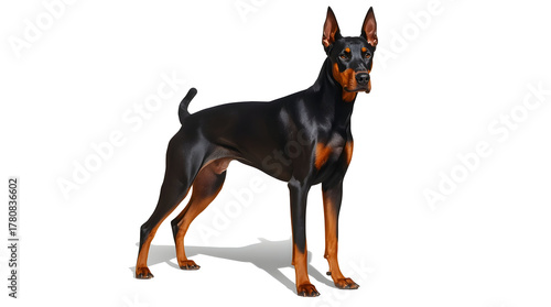 Strong Black and Tan Doberman Pinscher Standing Alert, Elegant Guard Dog Isolated on White Background