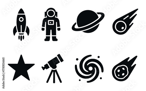 Space icons: rocket, astronaut, planet, comet, star, telescope, galaxy, meteor