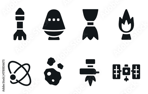 Dark rocket and space icons set with rockets, fire, asteroid, satellite