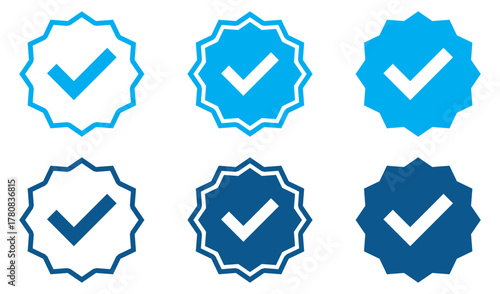 Blue Check Mark and Profile Approved icon set. Verified badge symbol. Blue tick mark icons collection. Social media profile blue check sign. Tick symbol. Accept okay symbol.