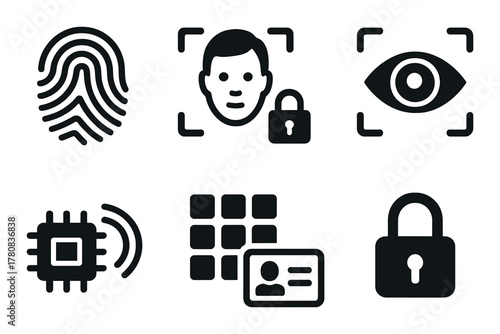 Biometric security icons: fingerprint, facial, eye, chip, id, lock