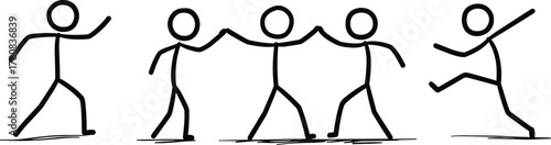 Stick figure celebration pose, group unity gesture, dancing jumping character set, festive joy scene, cad drawing flat vector illustration