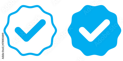 Blue Check Mark and Profile Approved icon set. Verified badge symbol. Blue tick mark icons collection. Social media profile blue check sign. Tick symbol. Accept okay symbol.