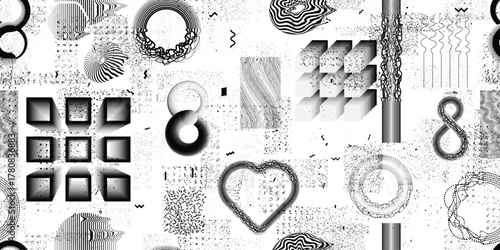 Glitch distorted grungy abstract forms . Halftone dots seamless pattern texture. Grange shapes .Grunge textured . Vector shapes with half tone dots .Screen print endless pattern texture