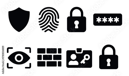 Cybersecurity icons: shield, fingerprint, lock, password, eye, firewall, key