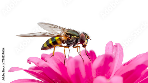 Macro Close-Up of a Hoverfly with Shimmering Wings Feeding on a Pink Flower Petal in Bright Daylight on white background