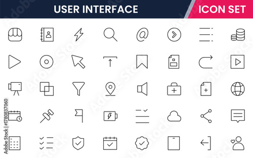 User Interface UI, UX web icons in line style. User, profile, message, mobile app, document file, social media, button, home, chat, arrow, collection. Vector illustration.