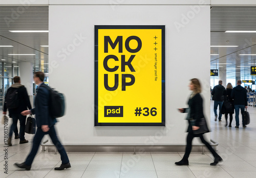 Wall poster mockup in public place like airport or station