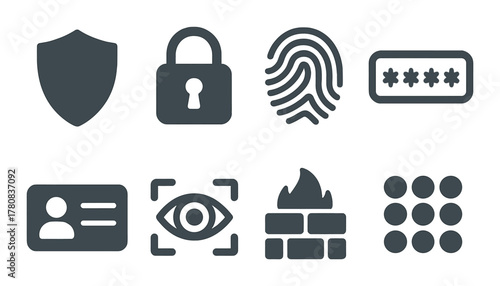 Cybersecurity symbols: shield, lock, fingerprint, password, id, eyes, firewall, dots