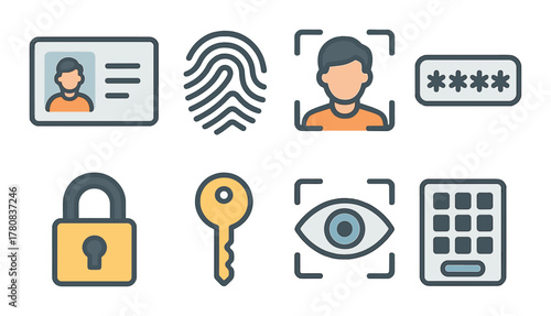 Digital security icons featuring id, fingerprint, facial recognition, and keypad elements