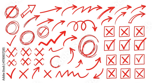Collection of hand drawn red arrows circles checkmarks and crosses on white background