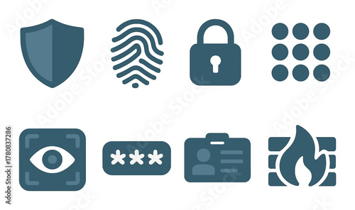 Security icons featuring shield, fingerprint, lock, eye scan, password, id card, fire symbol