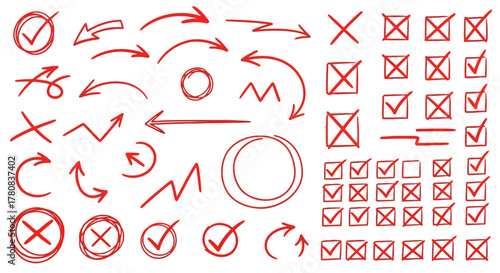 Collection of hand drawn red checkmarks crosses circles and arrows on white background