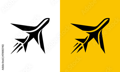 Modern abstract airplane silhouette logo design in black and white and yellow color variations
