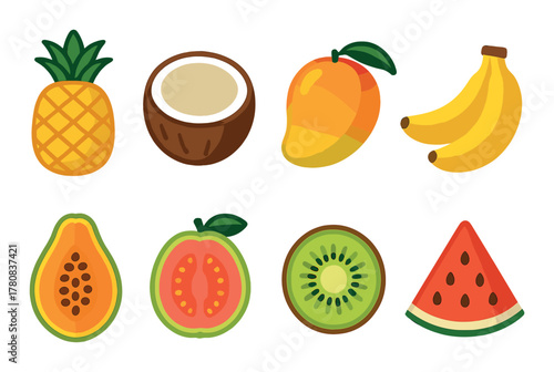 Colorful tropical and exotic fruit icons set: pineapple, coconut, mango, banana, papaya, guava, kiwi, watermelon