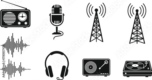Radio, Audio, Music, Sound, Microphone, Headphones, Tower, Signal, Wave, Vintage, Device, Vector, Icon, Graphic, Illustration