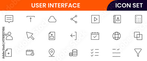 User Interface UI, UX web icons in line style. User, profile, message, mobile app, document file, social media, button, home, chat, arrow, collection. Vector illustration.