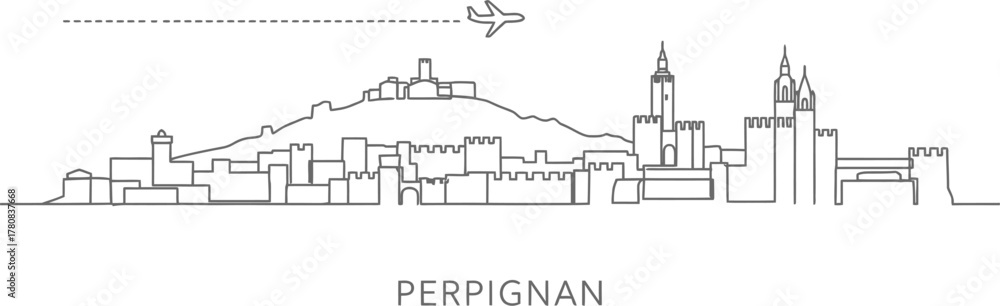 Obraz premium Perpignan Skyline with Airplane and Castle Icon