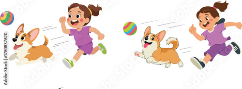 Set of Happy Young Girl Playing and Running with a Cute Corgi Dog and Ball Vector Illustration