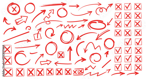 Collection of hand drawn red marks arrows circles and checkmarks on white background