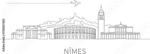 Nimes Skyline with Airplane Travel Line Art