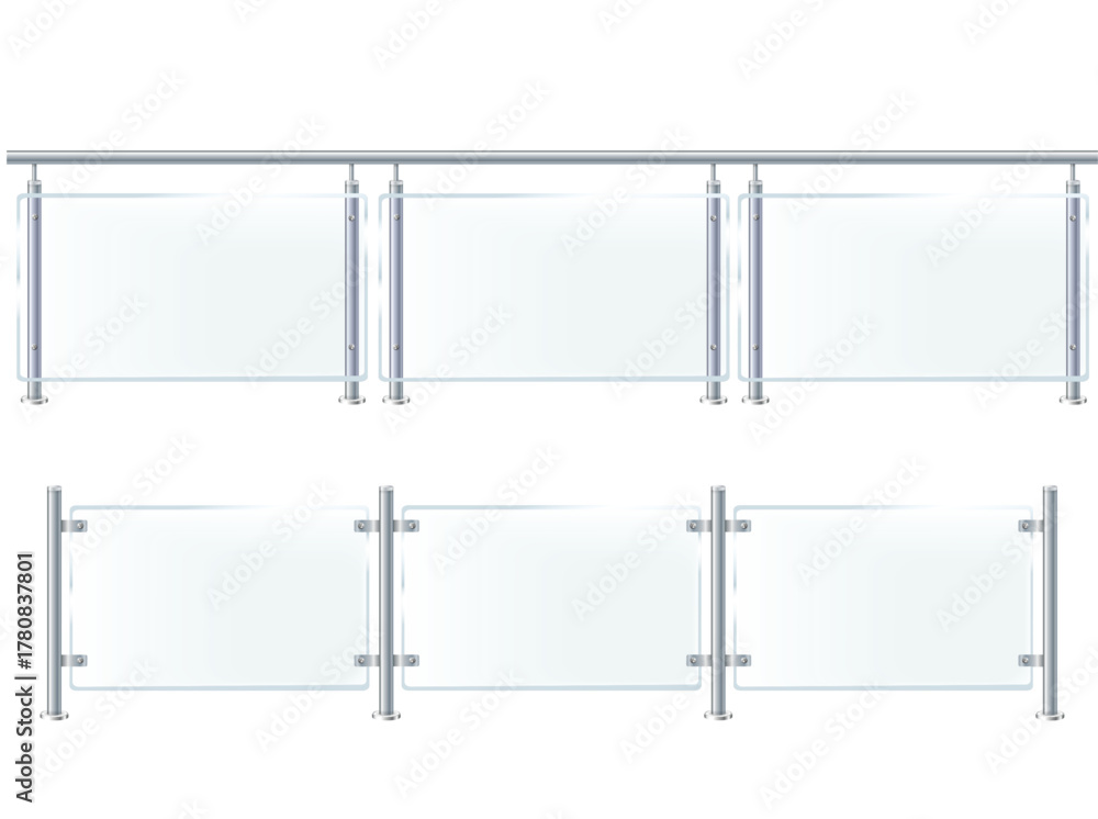 Naklejka premium Glass or plexiglass fence with banisters. Architectural guardrail for balcony or office terrace.