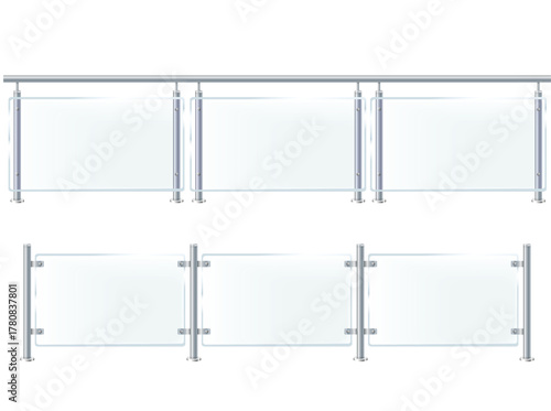 Glass or plexiglass fence with banisters. Architectural guardrail for balcony or office terrace.