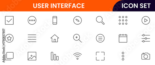 User Interface UI, UX web icons in line style. User, profile, message, mobile app, document file, social media, button, home, chat, arrow, collection. Vector illustration.