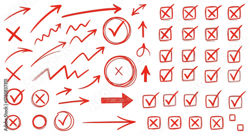 Collection of hand drawn red arrows checkmarks and crosses symbols on white background